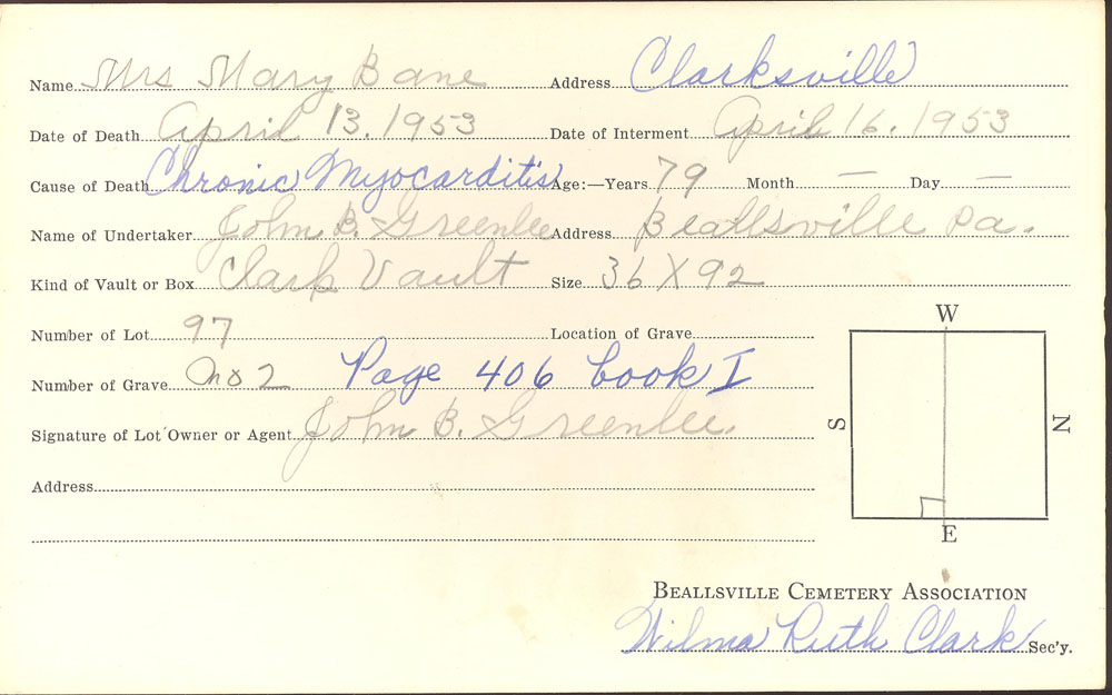 Mary Bane burial card